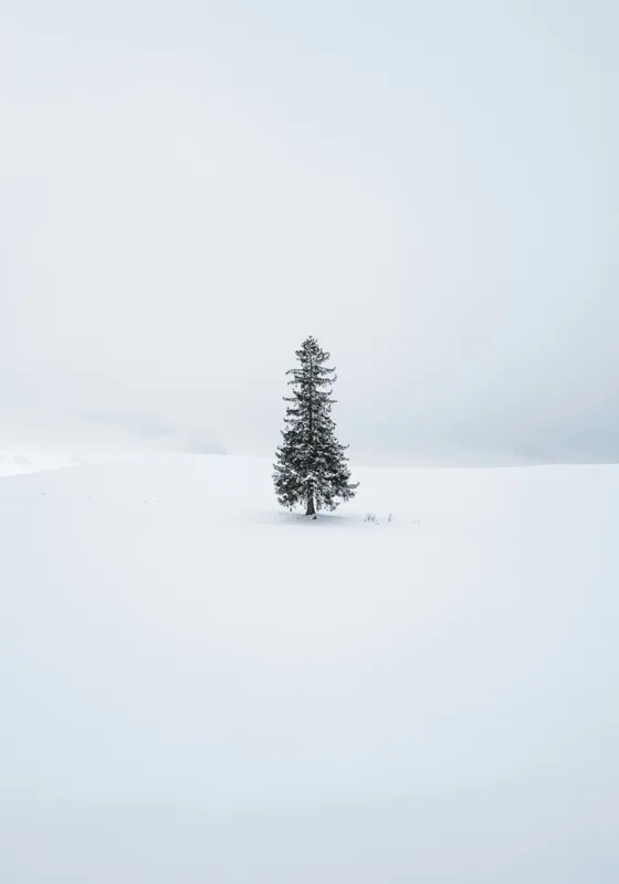 Tablou Canvas, "Singurătatea unui brad în iarnă", Copac, Singurătate, Alb, Zăpadă, Cer, Calm, Liniște, Peisaj, Iarnă, Natură, 70 x 100 cm – poza 2