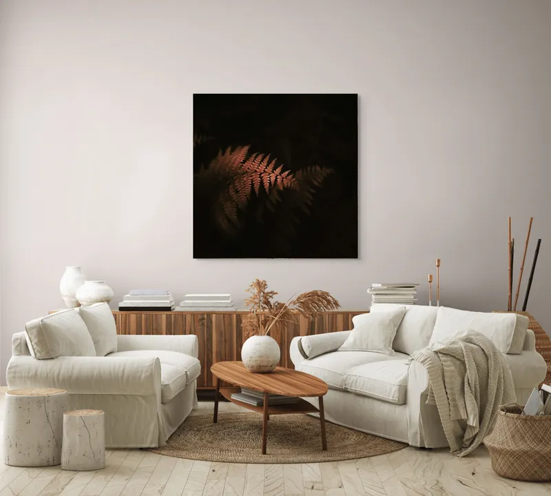 Tablou Canvas, "Ferigi sub lumina misterioasă", Frunze, Întuneric, Contrast, Mister, Natură, 100 x 100 cm – poza 3