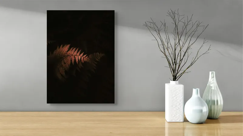 Tablou Canvas, "Ferigi sub lumina misterioasă", Frunze, Întuneric, Contrast, Mister, Natură, 39 x 54 cm – poza 4