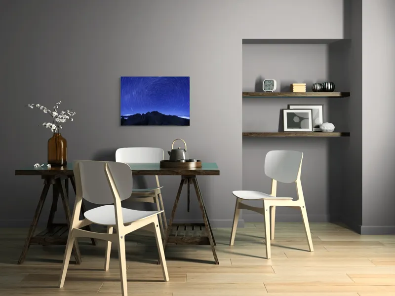 Tablou Canvas, "Călătorie printre stele și munți", Cer, Stele, Cercuri, Munți, Noapte, Lumină, Peisaj, Vârtej, 70 x 50 cm – poza 5