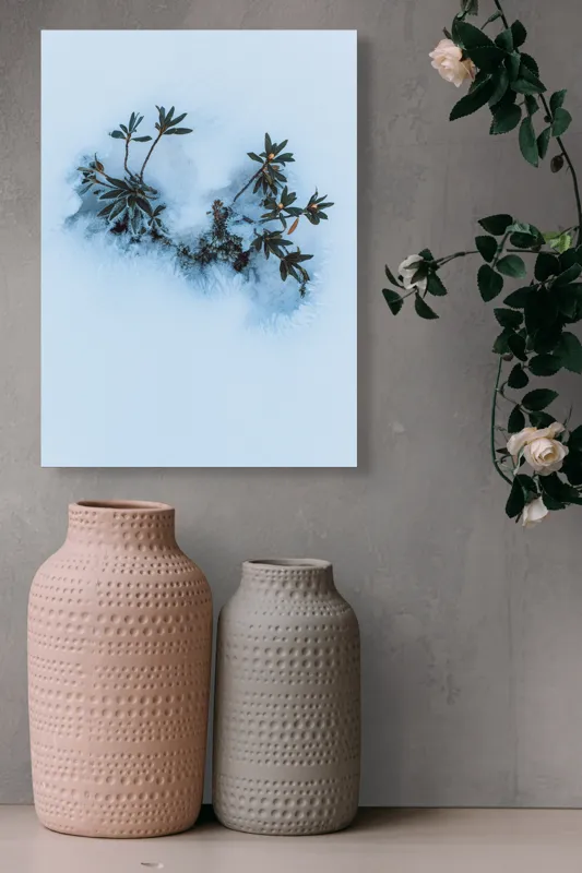 Tablou Canvas, "Plante verzi ieșind din zăpadă albă", Plante, Gheață, Frunze, Iarnă, Minimalism, Contrast, Naturaleţe, 39 x 54 cm – poza 6