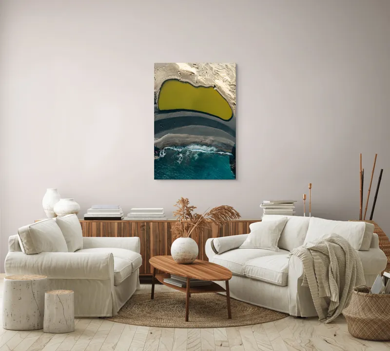 Tablou Canvas, "Laguna de smarald la țărmul mării", Nisip, Plajă, Ocean, Apă, Valuri, Liniște, Contrast, Mal, Textură, Natură, Formă, Culoare, Peisaj, Suprafață, Armonie, 70 x 100 cm – poza 4