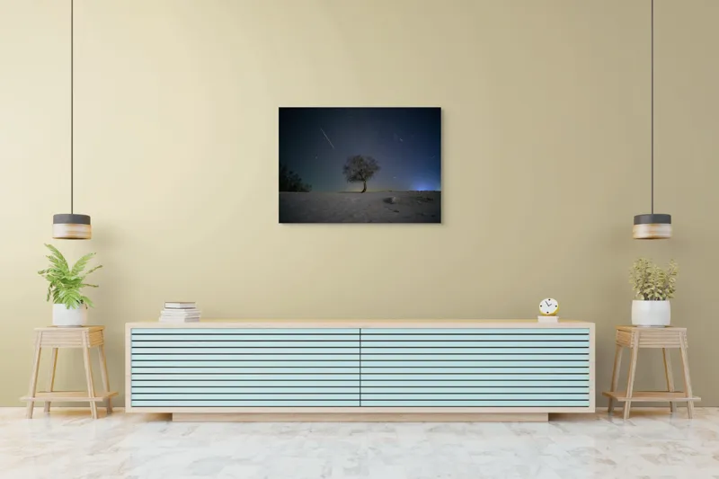 Tablou Canvas, "Stejarul sub cerul înstelat", Cer, Stele, Arbore, Zăpadă, Noapte, Lumină, Peisaj, Tranquilitate, Linie, Umbre, 100 x 70 cm – poza 4