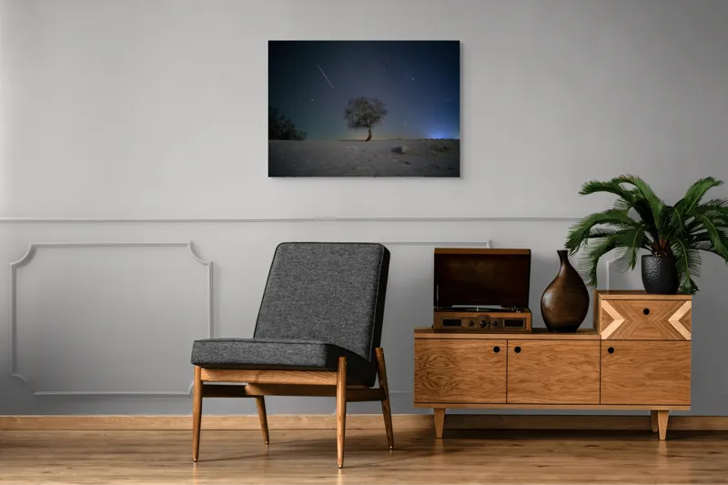 Tablou Canvas, "Stejarul sub cerul înstelat", Cer, Stele, Arbore, Zăpadă, Noapte, Lumină, Peisaj, Tranquilitate, Linie, Umbre, 100 x 70 cm – poza 8