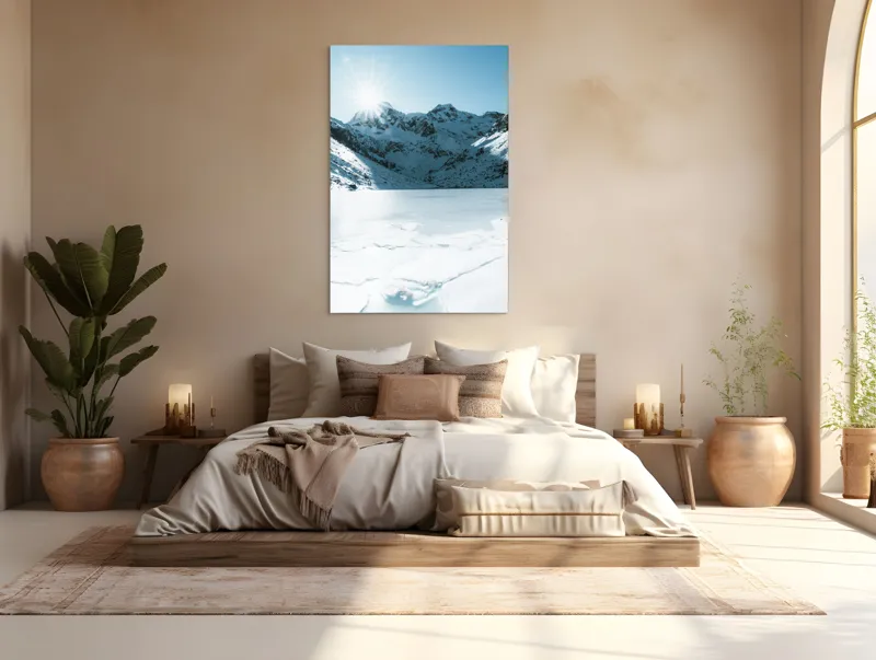 Tablou Canvas, "Soarele strălucește peste munții înzăpeziți", Tensiune, Lumină, Gheață, Munte, Peisaj, Albastru, Înghețat, Contrast, Liniște, Puritate, 100 x 150 cm – poza 3