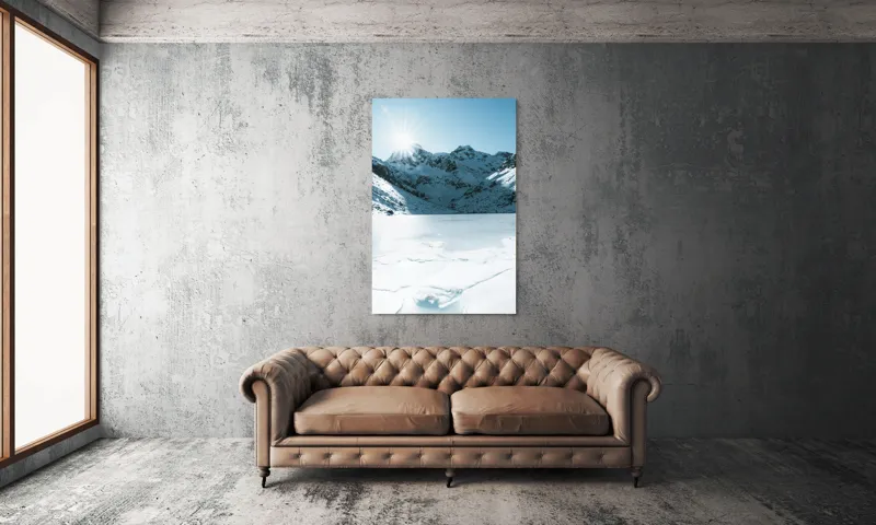 Tablou Canvas, "Soarele strălucește peste munții înzăpeziți", Tensiune, Lumină, Gheață, Munte, Peisaj, Albastru, Înghețat, Contrast, Liniște, Puritate, 100 x 150 cm – poza 6