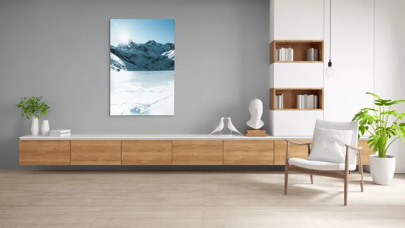Tablou Canvas, "Soarele strălucește peste munții înzăpeziți", Tensiune, Lumină, Gheață, Munte, Peisaj, Albastru, Înghețat, Contrast, Liniște, Puritate, 100 x 150 cm – poza 8