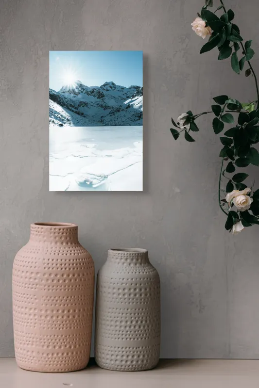 Tablou Canvas, "Soarele strălucește peste munții înzăpeziți", Tensiune, Lumină, Gheață, Munte, Peisaj, Albastru, Înghețat, Contrast, Liniște, Puritate, 26 x 39 cm – poza 6