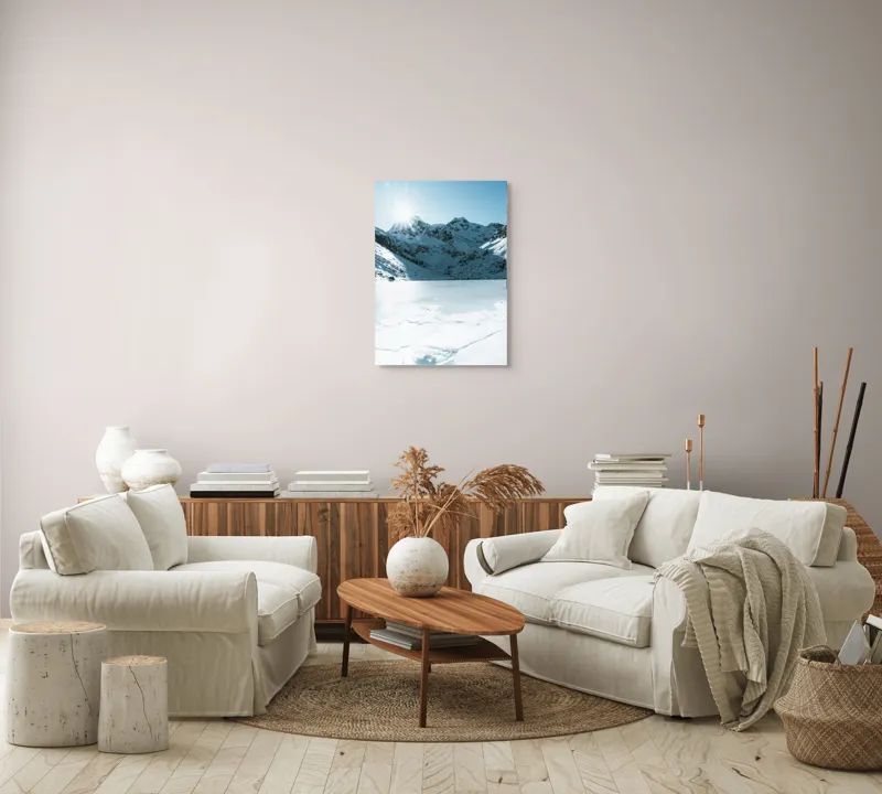Tablou Canvas, "Soarele strălucește peste munții înzăpeziți", Tensiune, Lumină, Gheață, Munte, Peisaj, Albastru, Înghețat, Contrast, Liniște, Puritate, 50 x 70 cm – poza 4