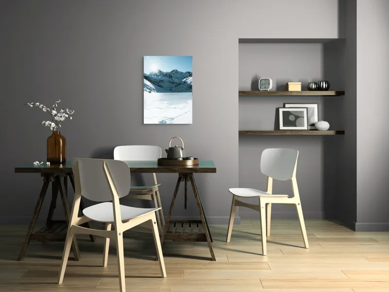 Tablou Canvas, "Soarele strălucește peste munții înzăpeziți", Tensiune, Lumină, Gheață, Munte, Peisaj, Albastru, Înghețat, Contrast, Liniște, Puritate, 50 x 70 cm – poza 5