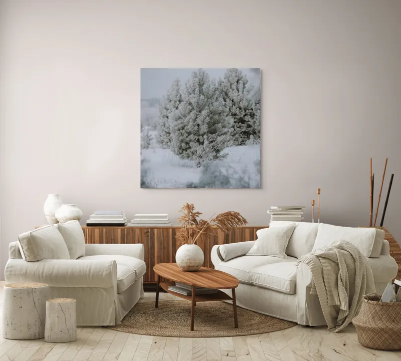 Tablou Canvas, "Brazi înghețați sub cer de iarnă", Iarnă, Zăpadă, Brazi, Frig, Natură, Liniște, Frumusețe, Alb, Pădure, Rece, 100 x 100 cm – poza 3