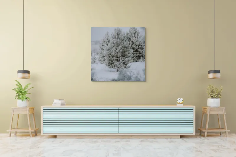 Tablou Canvas, "Brazi înghețați sub cer de iarnă", Iarnă, Zăpadă, Brazi, Frig, Natură, Liniște, Frumusețe, Alb, Pădure, Rece, 100 x 100 cm – poza 5
