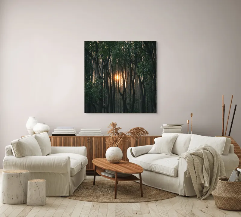 Tablou Canvas, "Lumina apusului printre copaci", Copaci, Apus, Lumină, Pădure, Umbre, Natură, Mister, Verdeață, Trunchiuri, Serenitate, 100 x 100 cm – poza 3