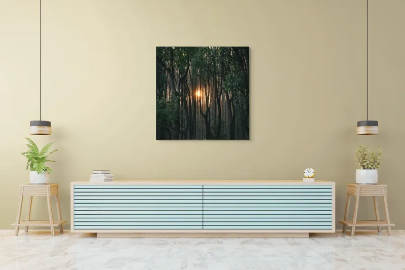 Tablou Canvas, "Lumina apusului printre copaci", Copaci, Apus, Lumină, Pădure, Umbre, Natură, Mister, Verdeață, Trunchiuri, Serenitate, 100 x 100 cm – poza 5