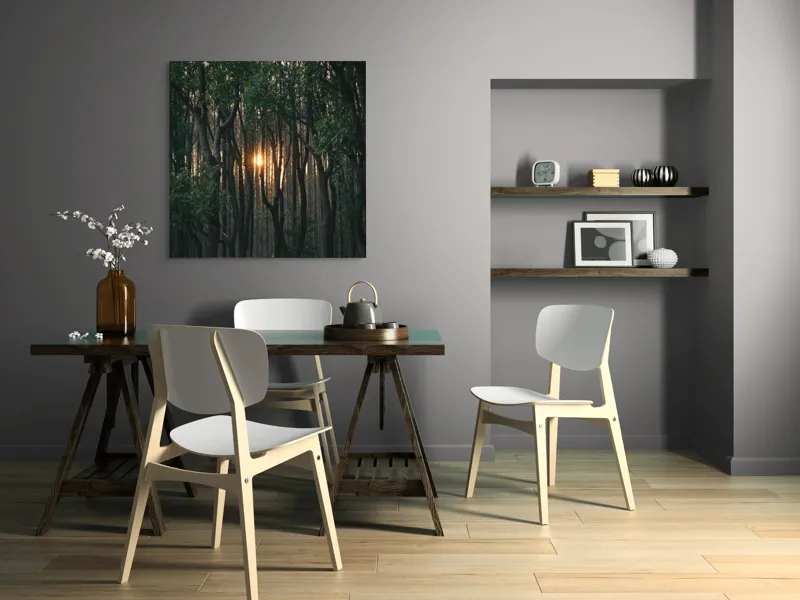 Tablou Canvas, "Lumina apusului printre copaci", Copaci, Apus, Lumină, Pădure, Umbre, Natură, Mister, Verdeață, Trunchiuri, Serenitate, 100 x 100 cm – poza 6