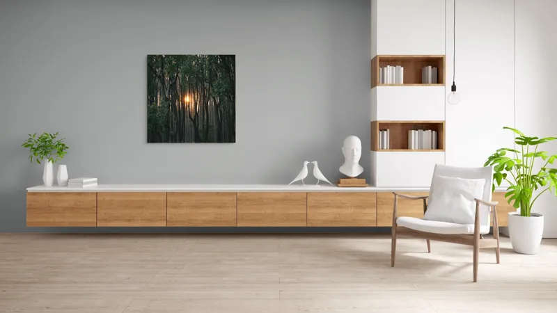 Tablou Canvas, "Lumina apusului printre copaci", Copaci, Apus, Lumină, Pădure, Umbre, Natură, Mister, Verdeață, Trunchiuri, Serenitate, 100 x 100 cm – poza 8