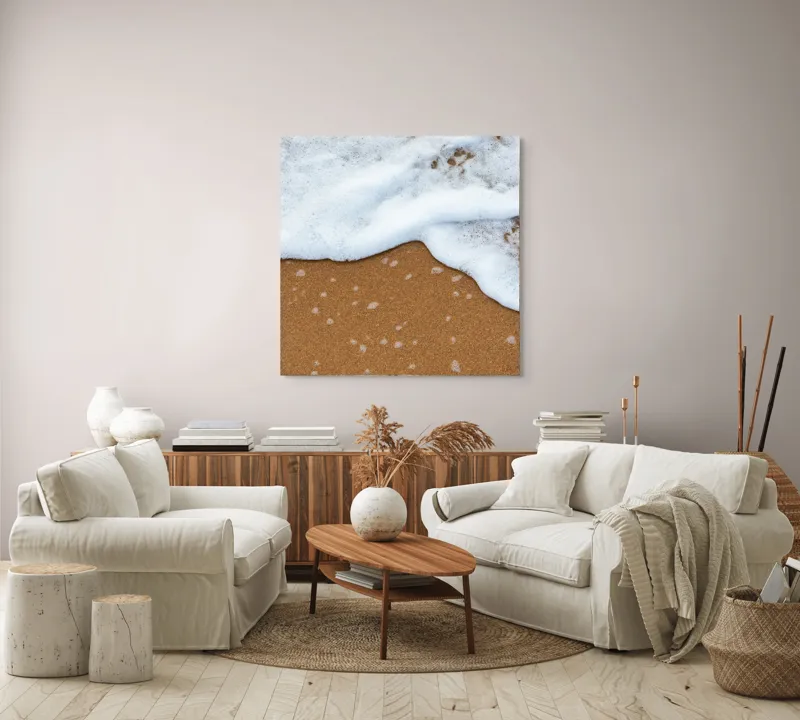 Tablou Canvas, "Valurile îmbrățișează țărmul nisipos", Valuri, Spumă, Nisip, Ocean, Plajă, Relaxare, Natură, Liniște, 100 x 100 cm – poza 3