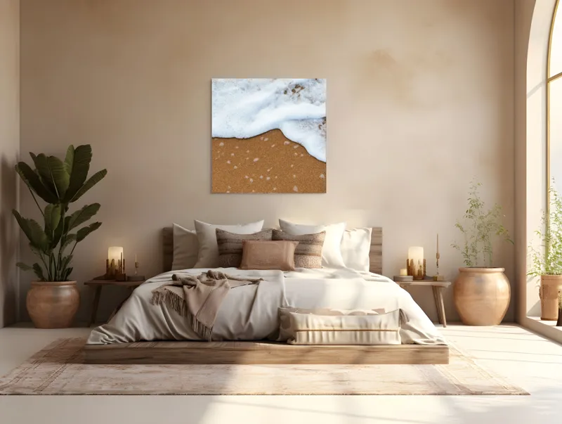 Tablou Canvas, "Valurile îmbrățișează țărmul nisipos", Valuri, Spumă, Nisip, Ocean, Plajă, Relaxare, Natură, Liniște, 100 x 100 cm – poza 4
