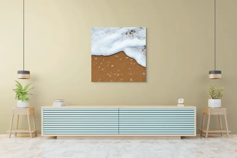Tablou Canvas, "Valurile îmbrățișează țărmul nisipos", Valuri, Spumă, Nisip, Ocean, Plajă, Relaxare, Natură, Liniște, 100 x 100 cm – poza 5