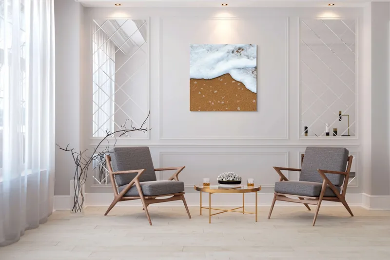 Tablou Canvas, "Valurile îmbrățișează țărmul nisipos", Valuri, Spumă, Nisip, Ocean, Plajă, Relaxare, Natură, Liniște, 100 x 100 cm – poza 7
