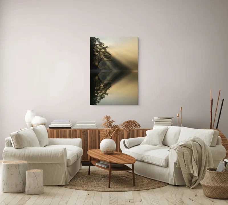 Tablou Canvas, "Lumină de dimineață pe lac liniștit", Copaci, Lumină, Reflecții, Liniște, Apă, Natură, Mister, Apus, 70 x 100 cm – poza 4