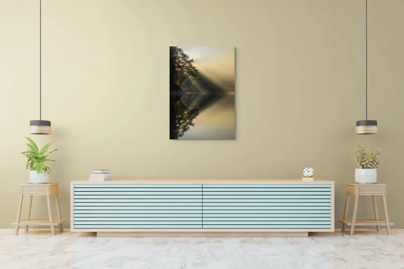 Tablou Canvas, "Lumină de dimineață pe lac liniștit", Copaci, Lumină, Reflecții, Liniște, Apă, Natură, Mister, Apus, 70 x 100 cm – poza 5