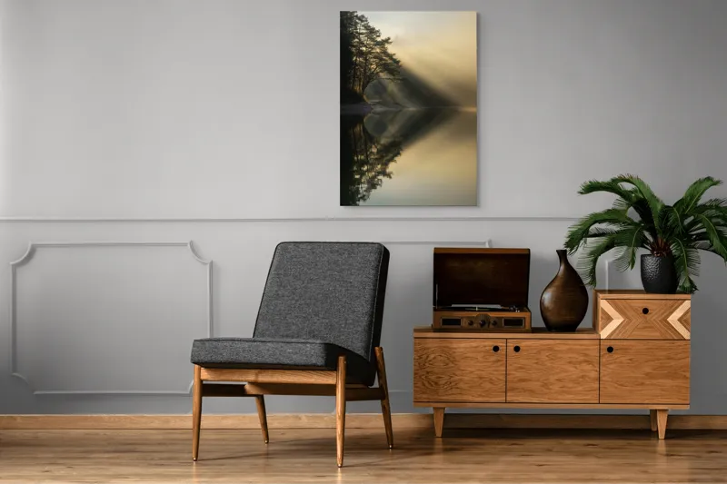 Tablou Canvas, "Lumină de dimineață pe lac liniștit", Copaci, Lumină, Reflecții, Liniște, Apă, Natură, Mister, Apus, 70 x 100 cm – poza 6