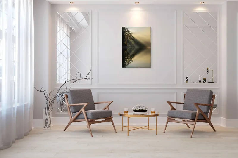 Tablou Canvas, "Lumină de dimineață pe lac liniștit", Copaci, Lumină, Reflecții, Liniște, Apă, Natură, Mister, Apus, 70 x 100 cm – poza 8