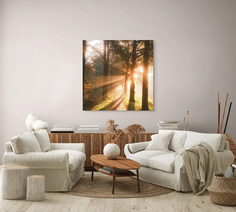 Tablou Canvas, "Răsăritul strălucitor printre copaci înalți", Lumină, Copaci, Alee, Umbre, Răsărit, Natură, Frumusețe, Serenitate, 100 x 100 cm – poza 3