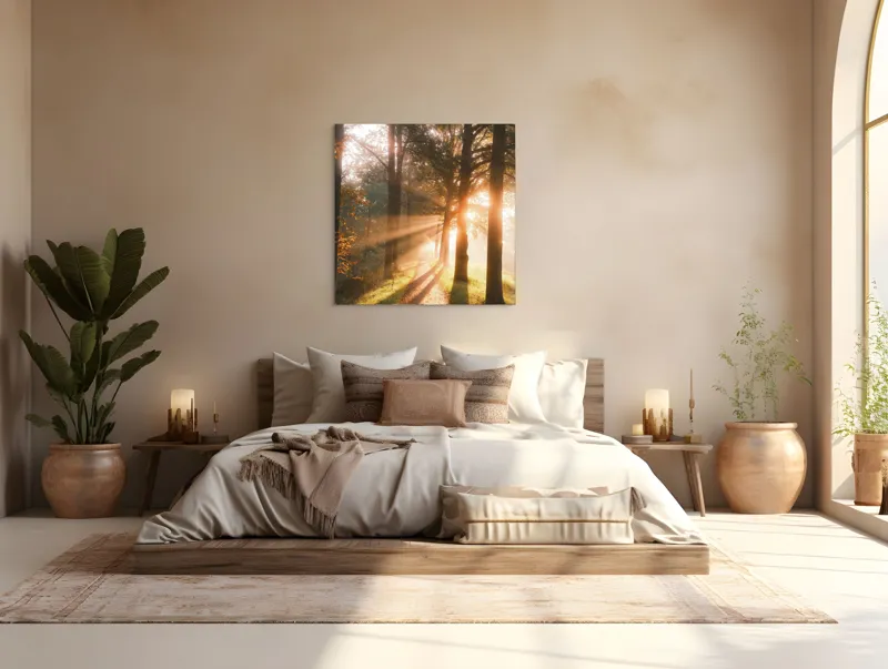 Tablou Canvas, "Răsăritul strălucitor printre copaci înalți", Lumină, Copaci, Alee, Umbre, Răsărit, Natură, Frumusețe, Serenitate, 100 x 100 cm – poza 4