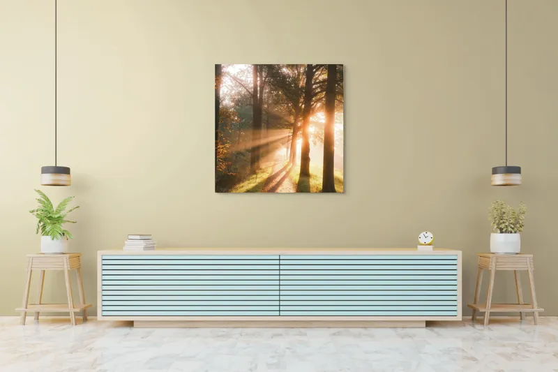 Tablou Canvas, "Răsăritul strălucitor printre copaci înalți", Lumină, Copaci, Alee, Umbre, Răsărit, Natură, Frumusețe, Serenitate, 100 x 100 cm – poza 5