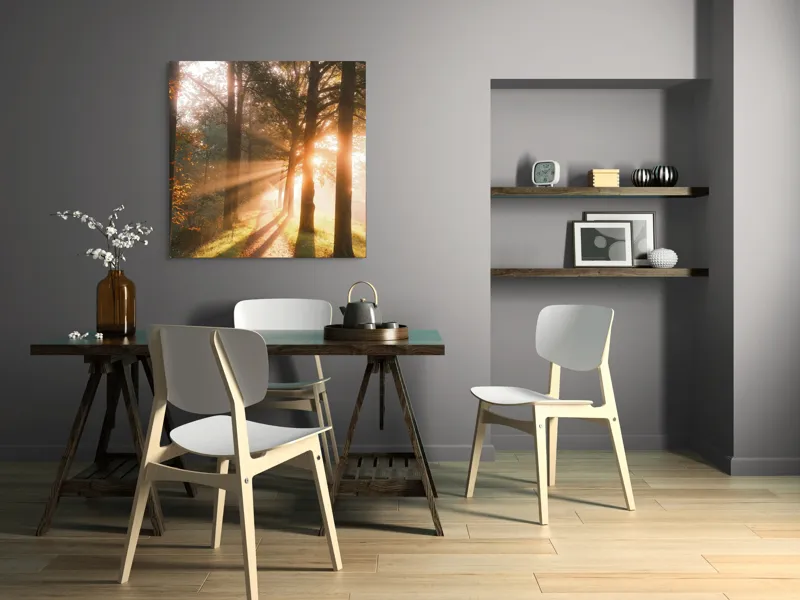 Tablou Canvas, "Răsăritul strălucitor printre copaci înalți", Lumină, Copaci, Alee, Umbre, Răsărit, Natură, Frumusețe, Serenitate, 100 x 100 cm – poza 6