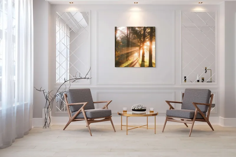 Tablou Canvas, "Răsăritul strălucitor printre copaci înalți", Lumină, Copaci, Alee, Umbre, Răsărit, Natură, Frumusețe, Serenitate, 100 x 100 cm – poza 7