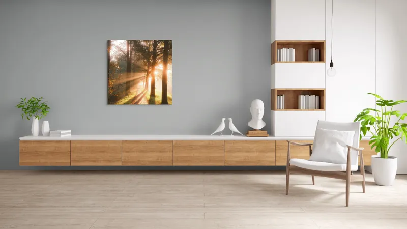 Tablou Canvas, "Răsăritul strălucitor printre copaci înalți", Lumină, Copaci, Alee, Umbre, Răsărit, Natură, Frumusețe, Serenitate, 100 x 100 cm – poza 8