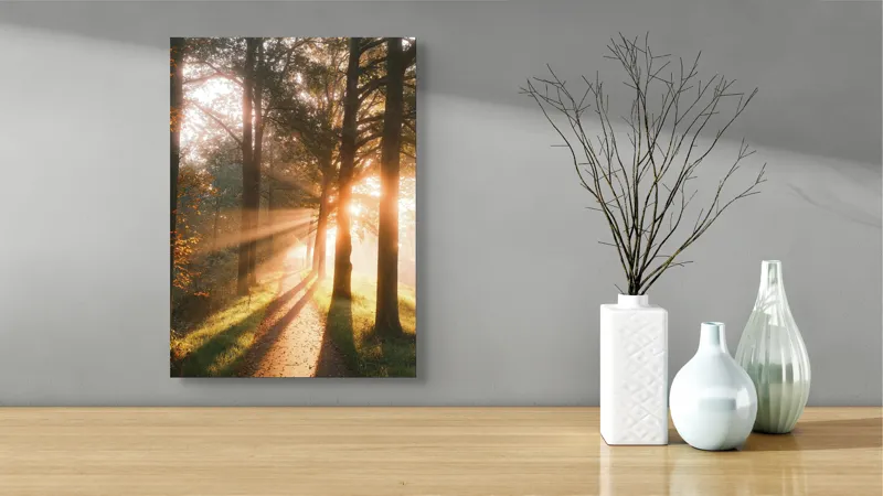 Tablou Canvas, "Răsăritul strălucitor printre copaci înalți", Lumină, Copaci, Alee, Umbre, Răsărit, Natură, Frumusețe, Serenitate, 39 x 54 cm – poza 4