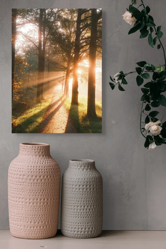 Tablou Canvas, "Răsăritul strălucitor printre copaci înalți", Lumină, Copaci, Alee, Umbre, Răsărit, Natură, Frumusețe, Serenitate, 39 x 54 cm – poza 6