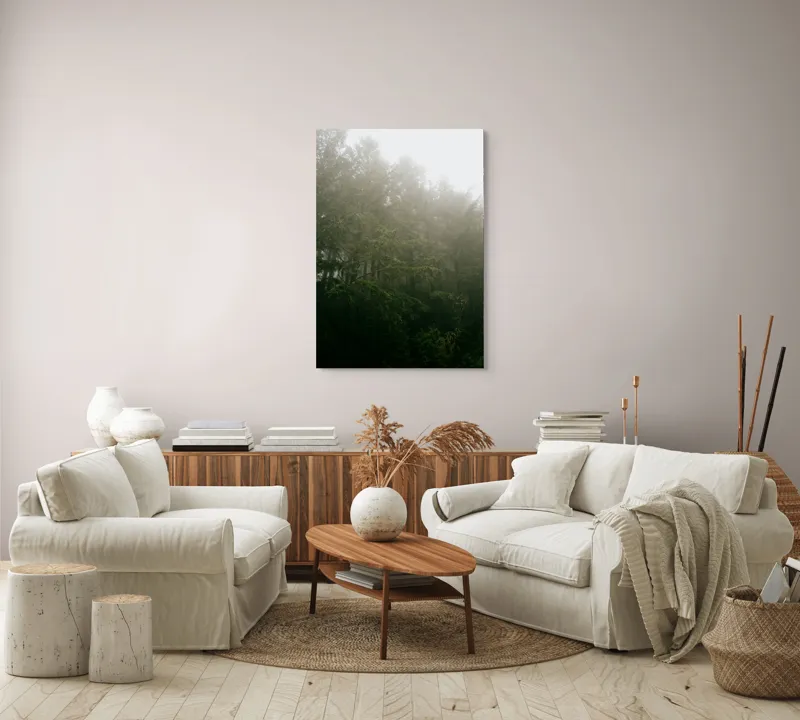 Tablou Canvas, "Pădurea învăluită în ceață densă", Ceață, Pădure, Mister, Verzișor, Seninătate, Natură, Întuneric, Arbori, Liniște, 70 x 100 cm – poza 4