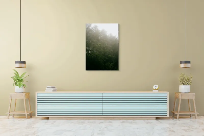 Tablou Canvas, "Pădurea învăluită în ceață densă", Ceață, Pădure, Mister, Verzișor, Seninătate, Natură, Întuneric, Arbori, Liniște, 70 x 100 cm – poza 5