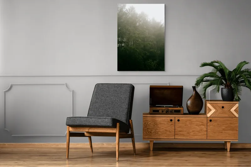 Tablou Canvas, "Pădurea învăluită în ceață densă", Ceață, Pădure, Mister, Verzișor, Seninătate, Natură, Întuneric, Arbori, Liniște, 70 x 100 cm – poza 6
