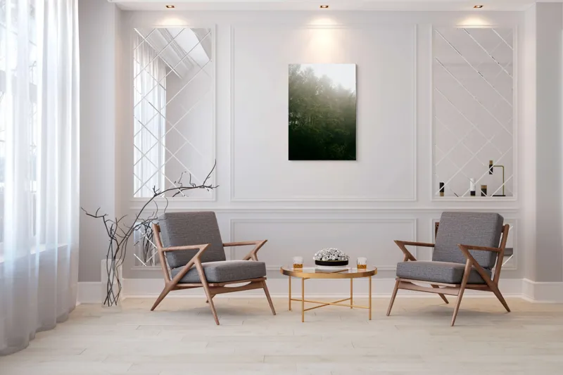 Tablou Canvas, "Pădurea învăluită în ceață densă", Ceață, Pădure, Mister, Verzișor, Seninătate, Natură, Întuneric, Arbori, Liniște, 70 x 100 cm – poza 8