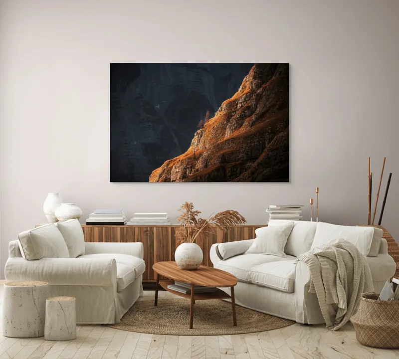 Tablou Canvas, "Lumina răsăritului asupra stâncilor aurite", Lumina, Umbra, Piatra, Singurătate, Stâncă, Contrast, Misticism, 150 x 100 cm – poza 3