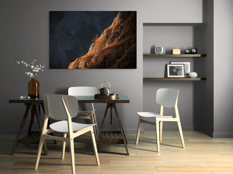 Tablou Canvas, "Lumina răsăritului asupra stâncilor aurite", Lumina, Umbra, Piatra, Singurătate, Stâncă, Contrast, Misticism, 150 x 100 cm – poza 5