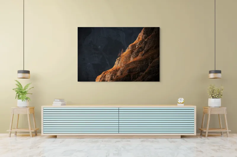 Tablou Canvas, "Lumina răsăritului asupra stâncilor aurite", Lumina, Umbra, Piatra, Singurătate, Stâncă, Contrast, Misticism, 150 x 100 cm – poza 6