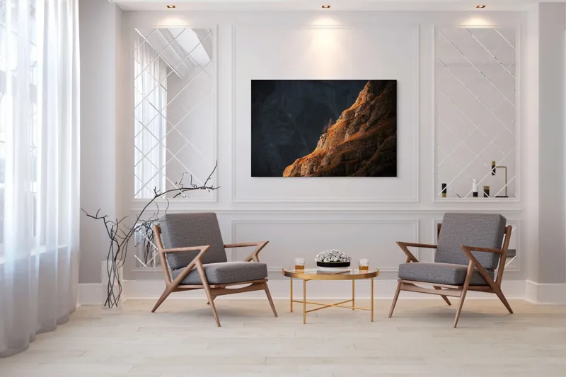 Tablou Canvas, "Lumina răsăritului asupra stâncilor aurite", Lumina, Umbra, Piatra, Singurătate, Stâncă, Contrast, Misticism, 150 x 100 cm – poza 7