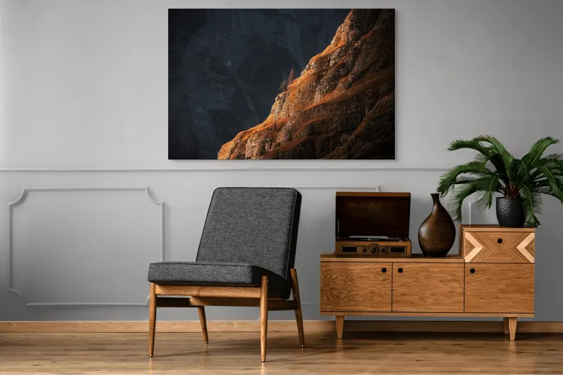 Tablou Canvas, "Lumina răsăritului asupra stâncilor aurite", Lumina, Umbra, Piatra, Singurătate, Stâncă, Contrast, Misticism, 150 x 100 cm – poza 8