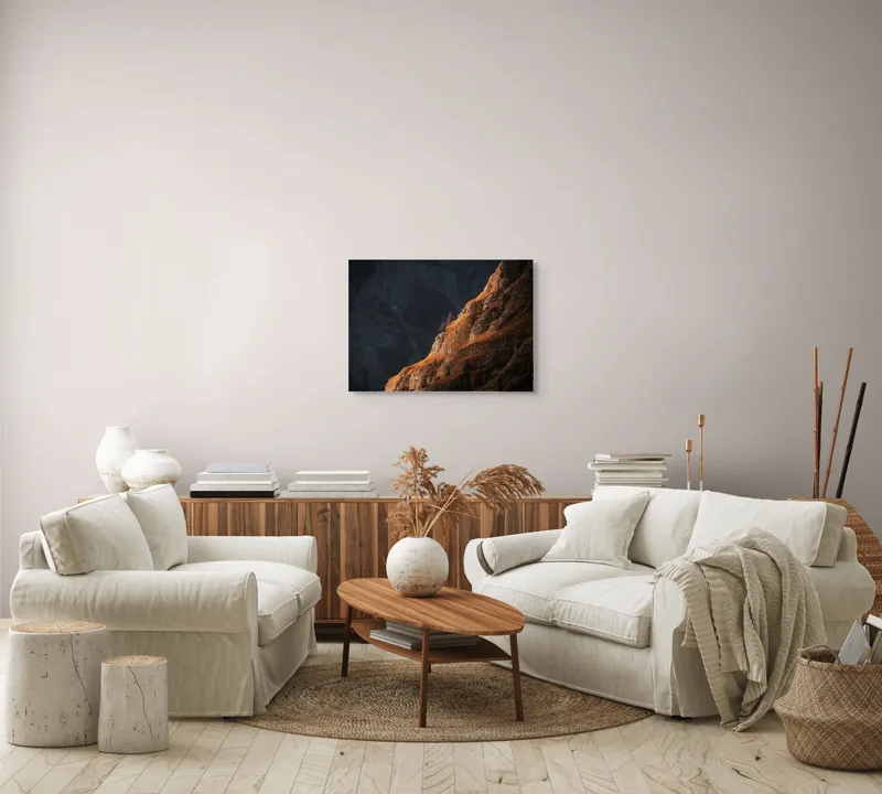 Tablou Canvas, "Lumina răsăritului asupra stâncilor aurite", Lumina, Umbra, Piatra, Singurătate, Stâncă, Contrast, Misticism, 70 x 50 cm – poza 6