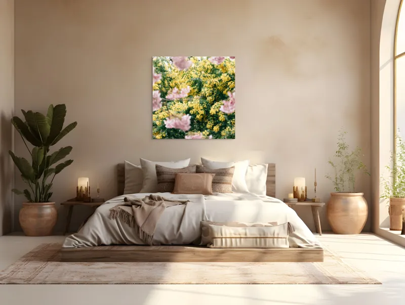 Tablou Canvas, "Flori de primăvară învăluite în lumină", Flori, Roz, Galben, Primăvară, Natură, Blândețe, Viu, Delicat, Înfloresc, Răsfirate, 100 x 100 cm – poza 4