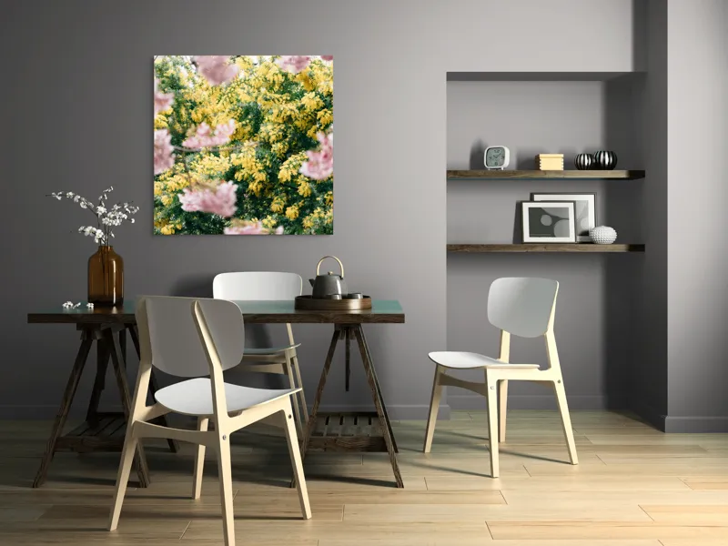 Tablou Canvas, "Flori de primăvară învăluite în lumină", Flori, Roz, Galben, Primăvară, Natură, Blândețe, Viu, Delicat, Înfloresc, Răsfirate, 100 x 100 cm – poza 6