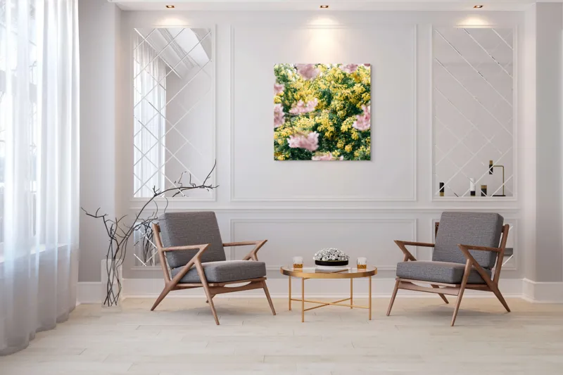 Tablou Canvas, "Flori de primăvară învăluite în lumină", Flori, Roz, Galben, Primăvară, Natură, Blândețe, Viu, Delicat, Înfloresc, Răsfirate, 100 x 100 cm – poza 7