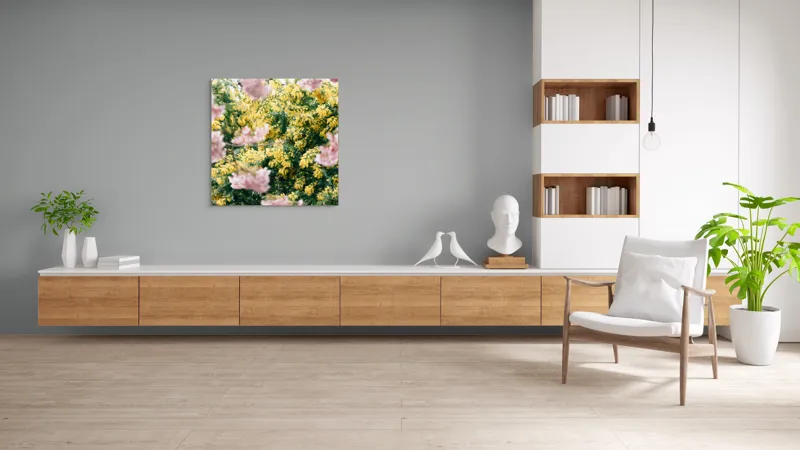Tablou Canvas, "Flori de primăvară învăluite în lumină", Flori, Roz, Galben, Primăvară, Natură, Blândețe, Viu, Delicat, Înfloresc, Răsfirate, 100 x 100 cm – poza 8